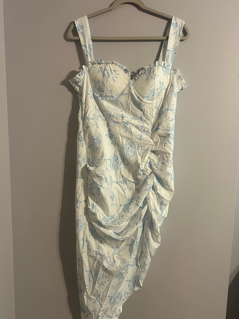 Cider White and Light Blue Floral Asymmetrical Ruched Dress